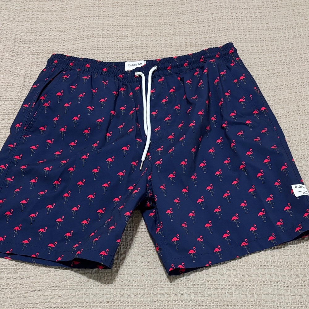 Navy Flamingo Print Men’s Swim Trunks